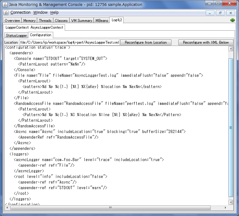 JConsole screenshot of the configuration file editor