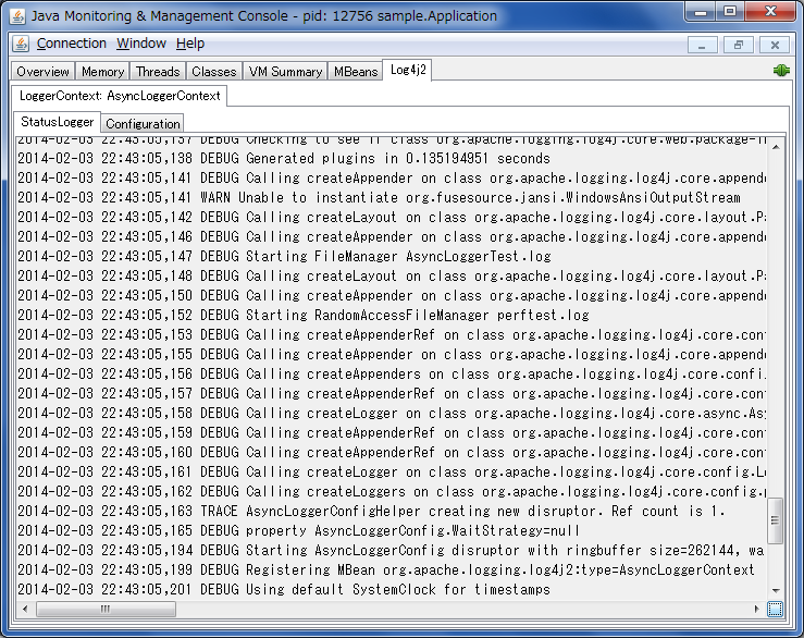 JConsole screenshot of the StatusLogger display