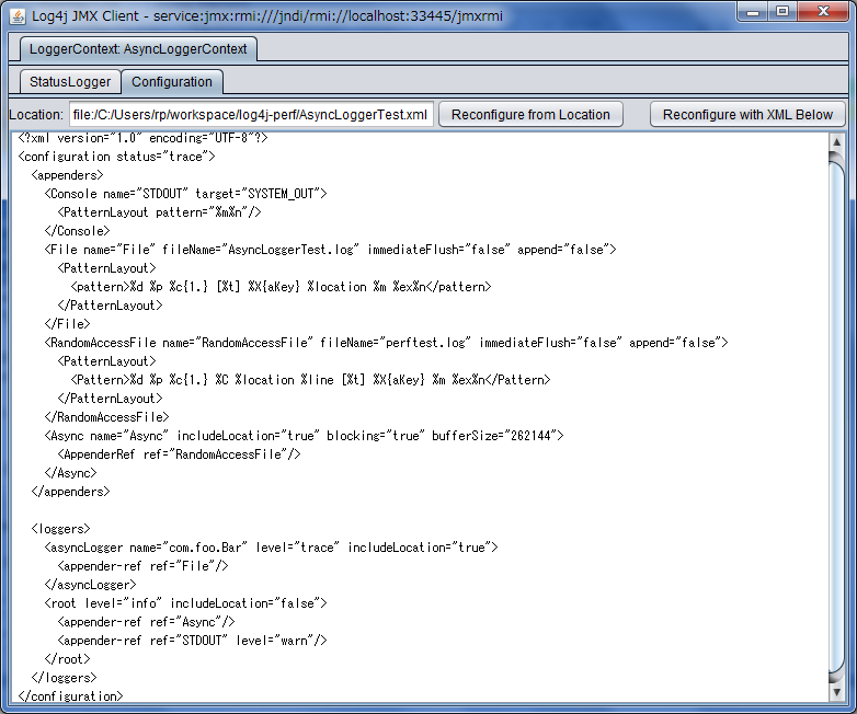 JMX GUI screenshot of configuration editor